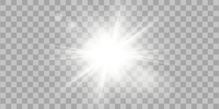 Realistic sunlight isolated on a transparent background. Bright lens flare, overlays, light transitions, sunbeams, shining leaks. Bright transparent light effect with isolated white rays.