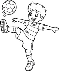 Happy young boy playing soccer, kicking ball with foot, wearing sports uniform and cleats, active child enjoying outdoor football game, coloring page illustration