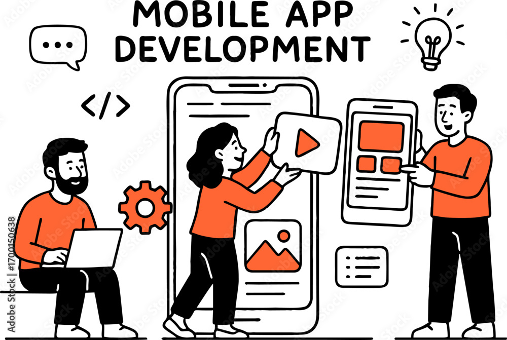 Fototapete mobile app development web banner or landing page. modern technology and smartphone interface design