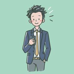Obraz premium A cheerful young man dresses in a suit with a tie and holds a smartphone in one hand. He has a confident expression against a light green backdrop.