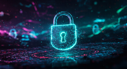 Digital padlock icon illuminated with neon blue light, symbolizing cybersecurity and data protection in a futuristic digital landscape with bokeh effects
