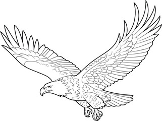 Flying eagle line art illustration, majestic bird of prey with spread wings, perfect for coloring book, tattoo design, educational wildlife projects