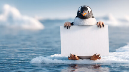 Penguin chick holding blank sign on ice floe