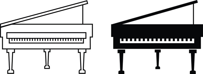 Black silhouette of upright piano icon set, isolated on transparent background. Graphic illustration. concept of musical instrument, classical music, piano recital, icon, logo, design element.