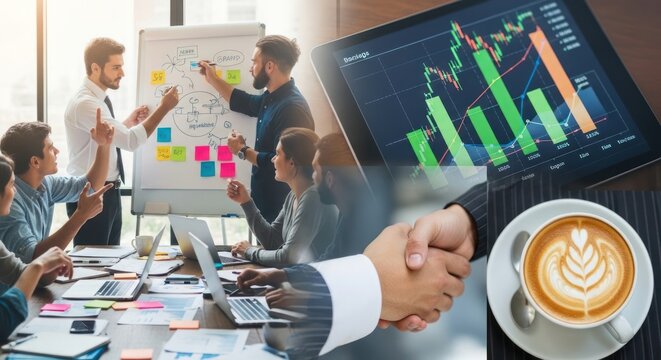 Collaborative Business Meeting with Financial Analysis and Successful Partnership