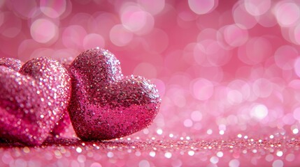 Obraz premium Macro close up of sparkling heart shaped candies on soft pink background with festive bokeh lights