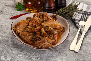 Shredded slow cooked pork meat
