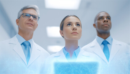 Group of diverse scientists examine glowing digital projection in laboratory, symbolizing innovation, research, discovery and technological progress with futuristic copy space.