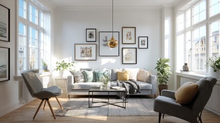 Fototapeta premium Bright, airy interior living room with windows, art, and comfy seating