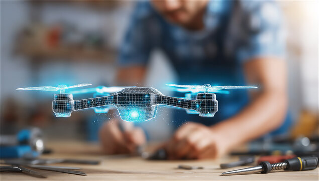 Engineer testing drone prototype indoors with glowing blue propellers, highlighting innovation, technology and design in robotics. Blurred workspace background adds copy space for concept use.