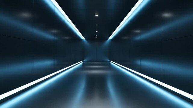 A futuristic, dark tunnel with glowing blue neon lights creates a mesmerizing, symmetrical path towards an unknown destination, evoking modern technology.