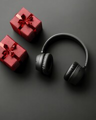 Modern Black Headphones With Red Gift Boxes