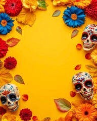 Beautiful Día de los Muertos skulls framed with marigold flowers arranged against yellow paper background