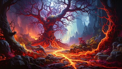 A vibrant, fantastical landscape displays a colossal, fiery tree rooted in a lava-flow path, nestled amongst colorful, mountainous terrain.