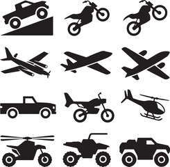Naklejka premium Collection of black vehicle and transportation icons on white background Keywords: car, truck