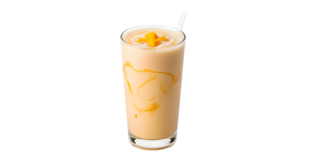 Refreshing mango smoothie topped with diced fruit and a straw, perfect for a summer treat.