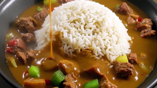 Pouring curry sauce over a mound of rice in a dish with meat and veget