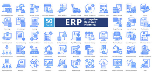 Enterprise Resource Planning blue style contains 50 icons including inventory management, stock level, barcode, warehouse operations, goods receiving, shipment tracking simple vector 