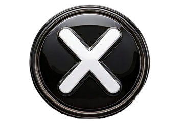3D Glossy Black X Logo Button with Metallic Shine, Transparent Background