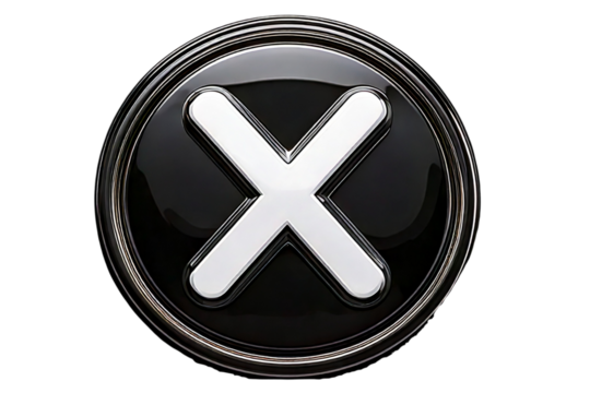 3D Glossy Black X Logo Button with Metallic Shine, Transparent Background
