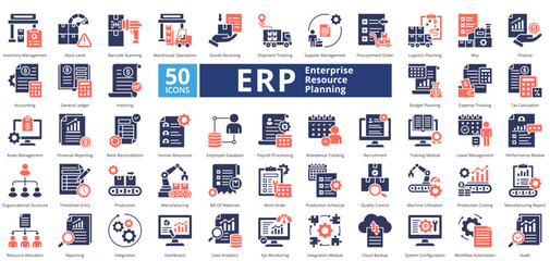 Enterprise Resource Planning mixed duotone style contains 50 icons including reporting, integration, dashboard, data analytics, kpi monitoring, integration module simple vector 
