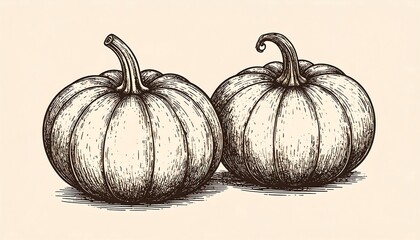 Two detailed illustrations of pumpkins, rendered in a vintage style, showcasing intricate lines and textures.