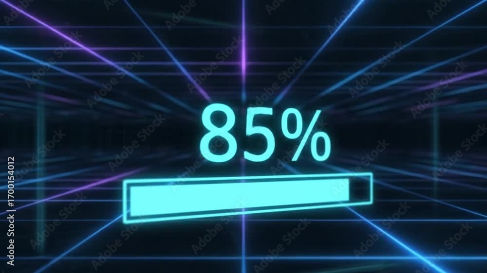Poster a futuristic digital interface displays an 85% loading status, featuring a luminous progress bar and