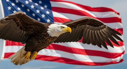Naklejka premium Bald Eagle Flying with American Flag in Background Patriotic Scene