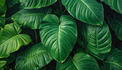 A close-up view of lush, vibrant green tropical leaves, showcasing intricate vein patterns and a rich, deep green color palette.