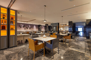 A restaurant with a clean and colorful design