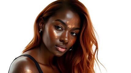 A model showcases radiant skin adorned with copper highlights, lightly smiling with her hair cascading over one shoulder while posing in a bright studio environment.