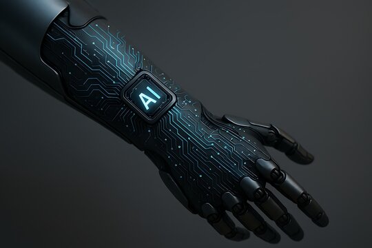 Futuristic cybernetic arm with glowing blue crystal interface