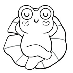Black line art of cute cartoon frog sleeping on a lotus leaf	
