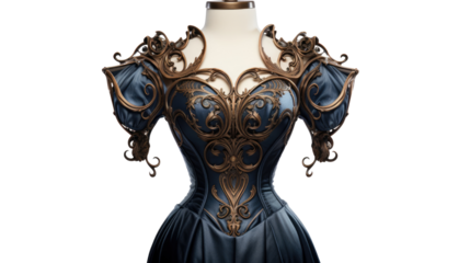 Victorian inspired navy corset with puff sleeves and bronze embellishment fashion garment isolated on white background
