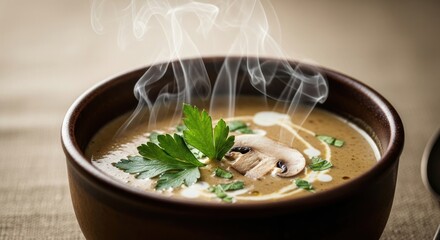 Delicious Steaming Creamy Mushroom Soup with Fresh Herbs in a Rustic Bowl