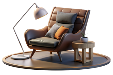 A stylish and minimalist living room with a rich dark blue wall, a comfortable tan leather armchair, and ample copy space- 3D rendering