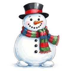 Cute snowman wearing top hat and colorful scarf stands cheerfully, surrounded by winter magic and festive atmosphere