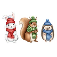 Cute winter animals wearing hats and scarves celebrate the season with joy and warmth in a cozy setting