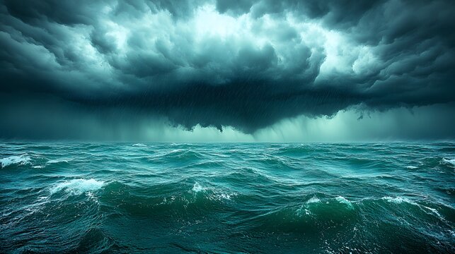 Dramatic dark storm clouds gather over rough ocean waves under a grey sky Stormy sea - Powered by Adobe
