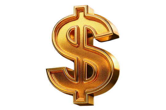 Transparent Background Angled 3D Gold Dollar Icon with Metallic Shine