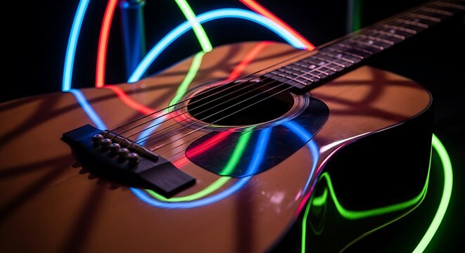Acoustic Guitar Illuminated by Colorful Neon Light Trails in Dark Setting - Powered by Adobe