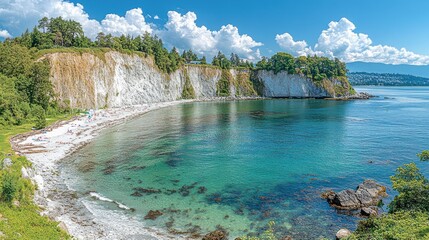 Sunny coastal scene. White cliffs, turquoise water, and sandy beach