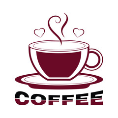 Maroon coffee cup with steam and hearts above the word coffee drink