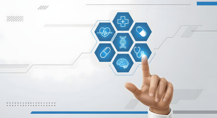 A hand touches a digital interface displaying medical icons in a hexagonal pattern, symbolizing healthcare technology and innovation.