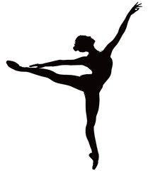 Fototapeta premium A dancer balances on one leg while extending the other high, showcasing poise and flexibility. The silhouette emphasizes the beauty of movement and form.