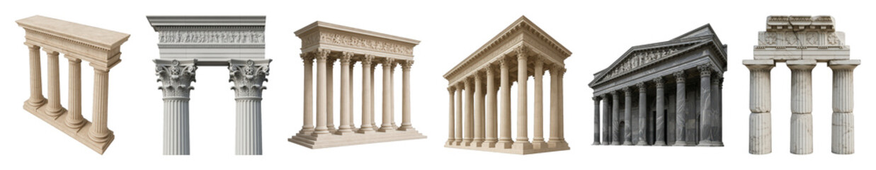 Obraz premium Classical architecture set including columns, porticoes, friezes, and temple facades isolated. Ancient building design elements.