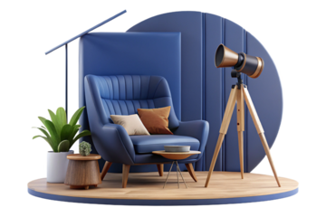 A stylish and minimalist living room with a rich dark blue wall, a comfortable tan leather armchair, and ample copy space- 3D rendering