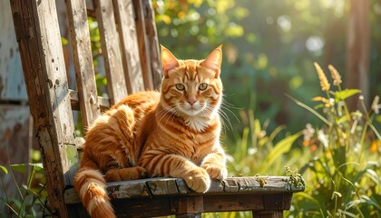 A ginger cat rests comfortably on a weathered wooden garden seat, bathed in golden sunlight.