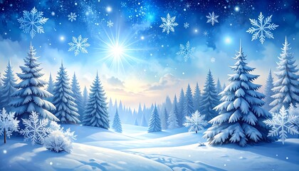 Obraz premium A serene winter landscape displays a snow-covered forest, illuminated by a radiant sun, and adorned with delicate snowflakes against a vibrant blue sky.