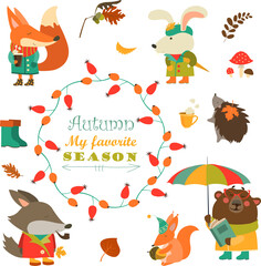 Cartoon characters and autumn elements. Vector collection